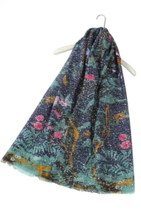 Womens X Large Silver Speckled Birds In Branches Frayed Shawl Head Scarf DV23 - Picture 1 of 28