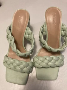 Women's Braided Heeled Sandals Backless Square Open Toe Block Slide Sandals - Picture 1 of 10