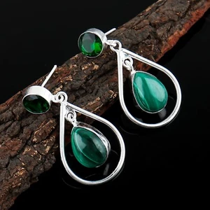 Natural Malachite Gemstone Handmade Dangle Erring's, 925 Sterling Silver Earring - Picture 1 of 3