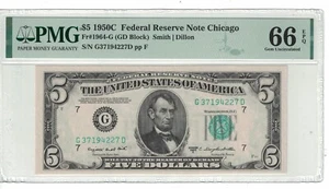 USA Banknotes $5 Dollars Bill 1950-C Fr. 1964-G PMG: 66 PPQ GEM UNC. #PL2226 - Picture 1 of 2
