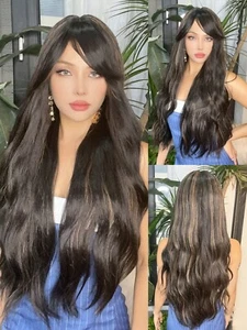 Women Dark Brown Wig 30 Inch Long Wavy Wig Brown Wig Women's Wig With Bangs Wig - Picture 1 of 6