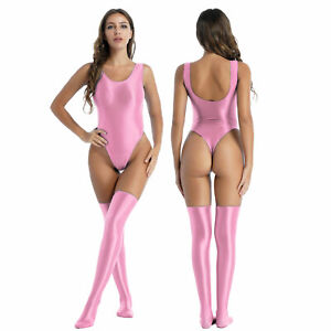 Womens Glossy High Cut Bodysuit with Stocking Swimming Suit Clubwear Swimwear