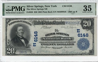 1902 $20 THE SILVER SPRINGS NATIONAL BANK  NEW YORK NY - 2605 - CHARTER 6148 PMG - Image 1 of 2