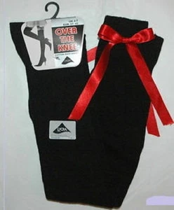 Ladies Girls Long Over The Knee Black Socks With Red Satin Bows - Picture 1 of 2