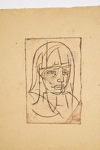 Petite gravure non signée vers 1930/40 Portrait Femme, Tristesse - Imagen 1 de 2