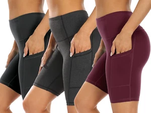 3 Pack High Waist Out Pocket Yoga Short 8"/5" Tummy Control Workout Shorts Runni - Picture 1 of 12