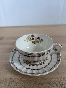 Spode Copeland Cowslip flache Tasse Untertasse Set Korbform creme ca 1942-1975 - Bild 1 von 10