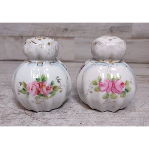 Vintage Hand Painted Porcelain Rose Violet Flower Round Salt & Pepper Shakers - Picture 1 of 6