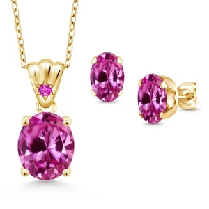 18K Yellow Gold Plated Silver Pink Created Sapphire and Pink Sapphire Pendant - Picture 1 of 3