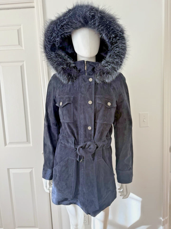 Ellen Tracy Women's Button Down & Zip Suede Jacket Coat Belted & Fox Fur Hood - Image 1 of 4