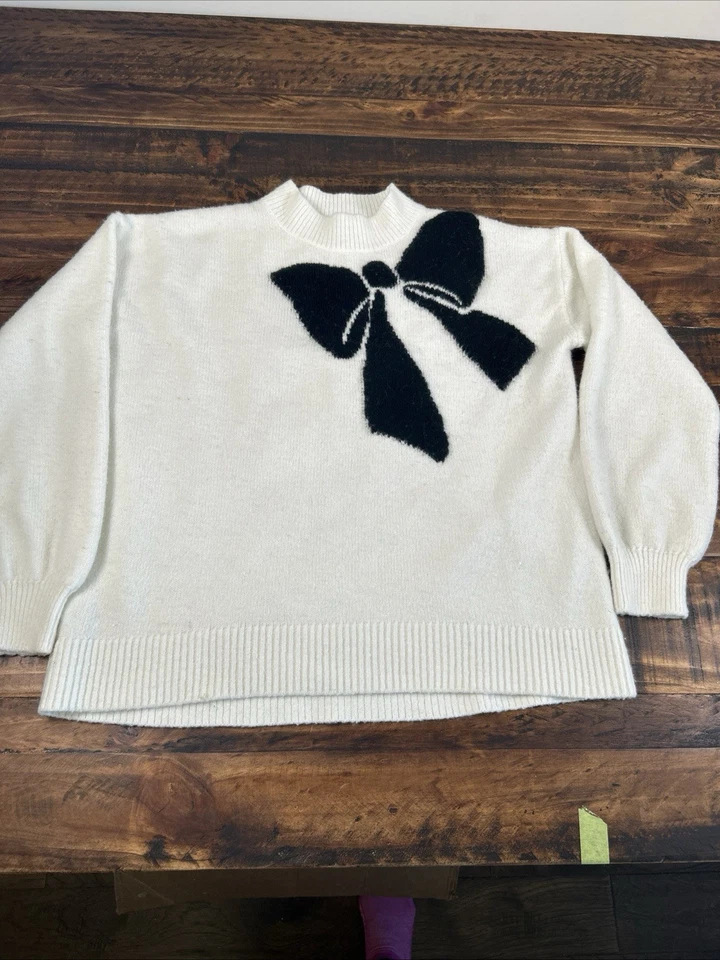 Suéter LOFT Crema con Lazo Negro Manga Media Larga Acogedor Tejido Pullover Foto 1 de 4