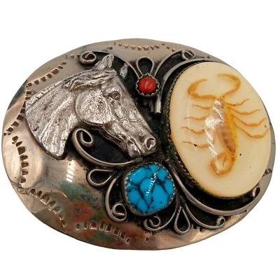 Horse Rodeo Belt Buckle Turquoise Coral Scorpion Cowboy Country Western Wear - Image 1 of 4