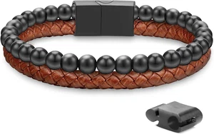 Pulsera de cuero para hombres, cuentas de ojo de tigre y lava, ajustable. - Picture 1 of 12
