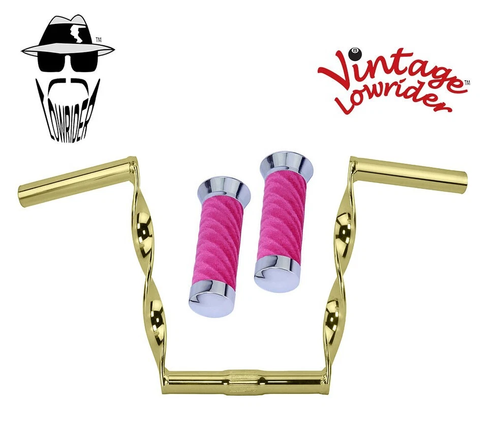 Manillar trenzado plano dorado Lowrider 9" de colección 25,4 mm y empuñaduras de terciopelo rosa remolino. Foto 1 de 1