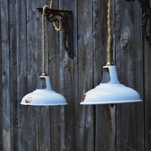 Vintage Standard Coolicon Small White Enamel Pendant Braided Down Light Pair - Picture 1 of 9