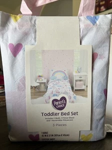 Parent's Choice Toddler Bed Set 3 Piece Hearts & Rainbows Animal Print - Picture 1 of 2