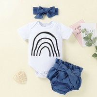 Newborn Infant Baby Girls Rainbow Romper+Denim Bow Pants+Headbands Outfits Set