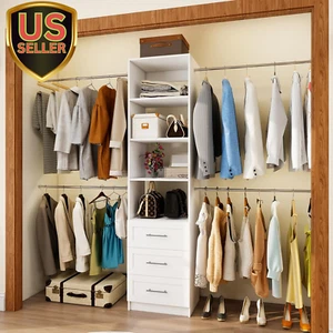 Closet System, 5FT-8FT Closet Organizer System with 3 Wooden Drawers, 99" Wal... - Picture 1 of 8