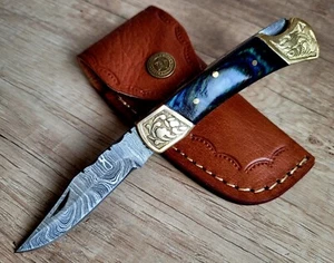 blue hunting handmade folding DAMASCUS knife 18cm / 7,1inch. with leather sheat  - Picture 1 of 5