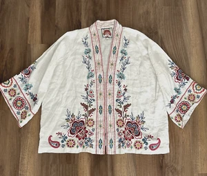 Johnny Was XL Sicilia Kimono 100% Linen Boho Floral Embroidered White - Picture 1 of 10