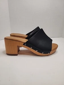 Maurices Sandals Womens 10 Sammi Open Toe Slide Heels Black Faux Leather Slip On - Picture 1 of 10