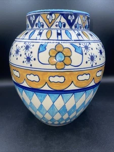 Vaso ceramica blu marocchino bianco giallo alto 8,5 pollici retrò vintage anni 60 - Foto 1 di 7