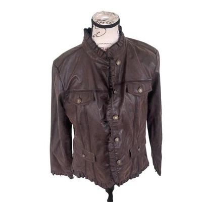 Ruby Rd. Women's Faux Leather Jacket Size 8 Metallic Brown Ruffle - Image 1 of 4