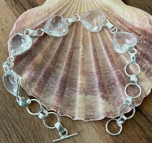 White Topaz Hearts Crystal bracelet 18cm Long- 925 Sterling Silver Plated-New - Picture 1 of 5