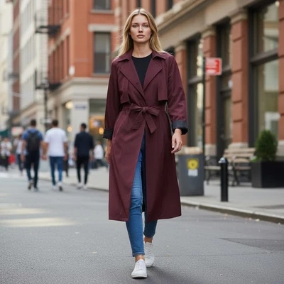 Maxi gabardina Misty Harbor Signature borgoña con cinturón y capucha para mujer 10P Foto 1 de 4