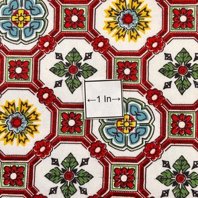 Tela de arándano y algodón blanco octágonos mexicanos Talavera vintage 34" de ancho Foto 1 de 4