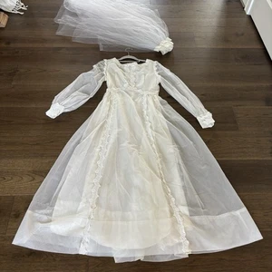 Vintage 60er Jahre Brautkleid Schweizer Punkte Organza Blumen Knopfärmel mit Schleier - Bild 1 von 24