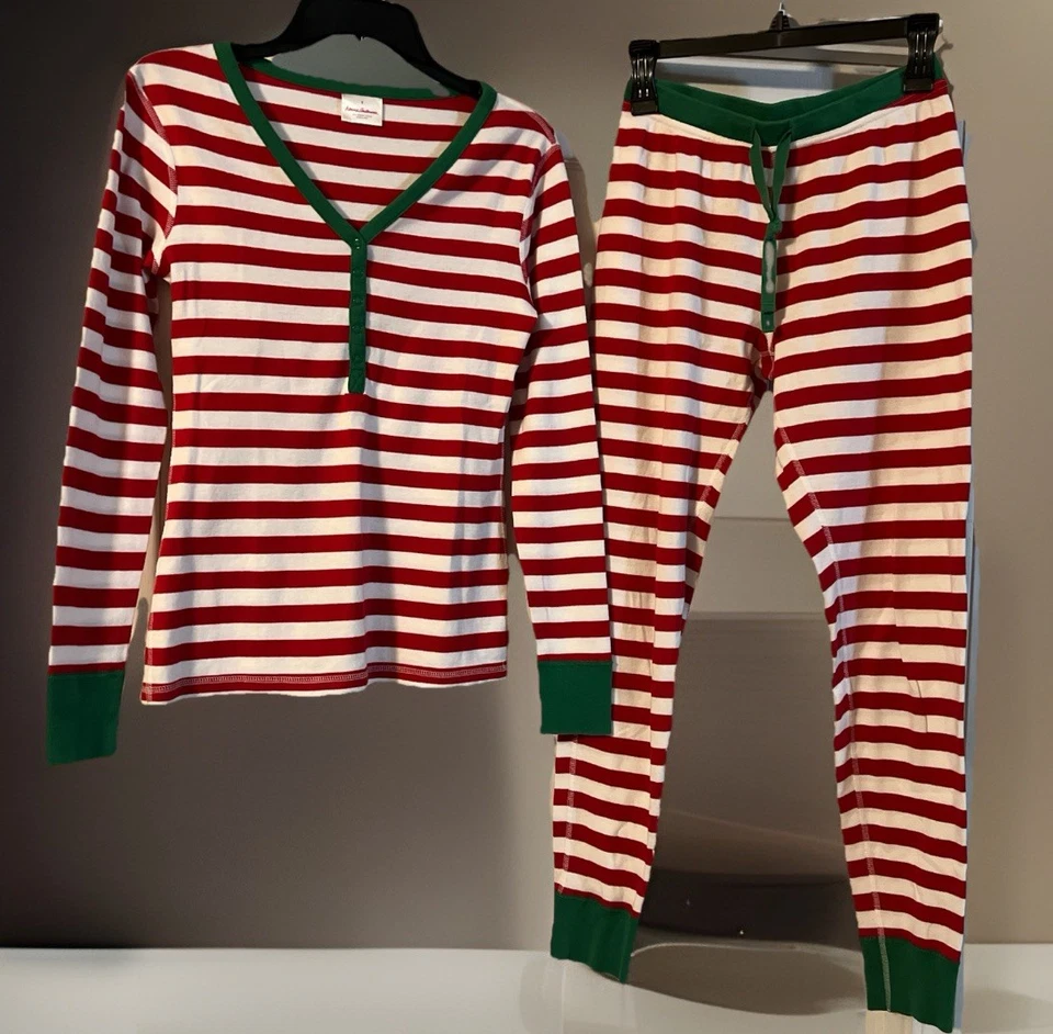 Hanna Andersson 2 pc Pajamas Set Med Christmas Red White Striped Organic Cotton - Image 1 of 4
