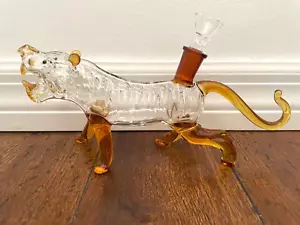 9.5” Premium Glass Water Pipe Art Clear Amber Tiger Big Cat 14mm - Picture 1 of 3
