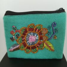 Turquoise Bali Seed Beaded Coin Purse Pouch Handmade - Stunning! 5 X 4 Inches 
