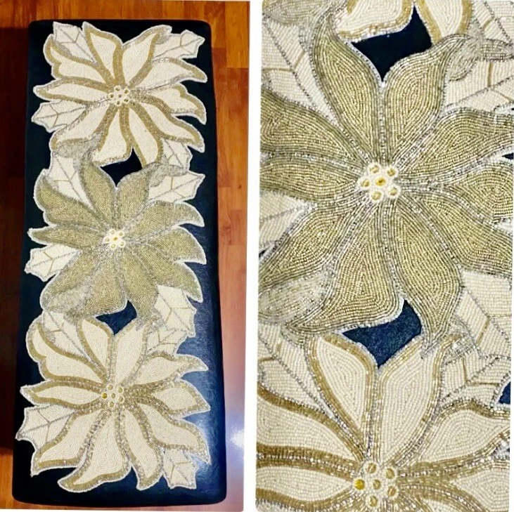 CYNTHIA ROWLEY BEADED CENTERPIECE TABLE RUNNER GOLD POINSETTIAS 14” x 37”  NEW - Image 1 of 3