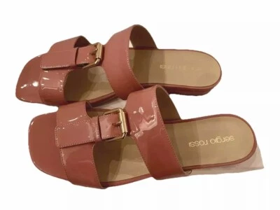 SERGIO ROSSI 7 37 Pink Patent Leather Flat Sandals Slides Two Stripes - Image 1 of 4