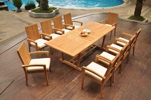 11-Pc Outdoor Teak Dining Set: 94" Masc Rectangle Table, 10 Stacking Chairs Goa - Picture 1 of 8