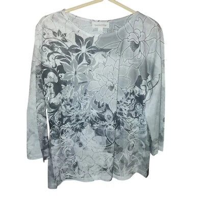 Breckenridge GRANDE Gris DISEÑO FLORAL Lentejuelas Top Mangas 3/4 Foto 1 de 4
