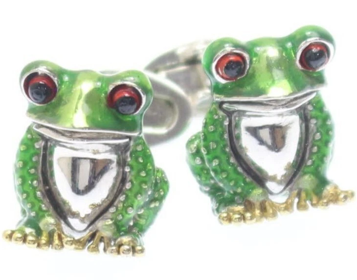 Jan Leslie Green Frog Cufflinks Silver 925 Enamel 18mm x 15mm with Box Unused - Изображение 1 из 4