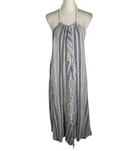 Aerie Cover Up Damen groß blau weiß gestreift Fransen Boho Strand Neckholder - Bild 1 von 16