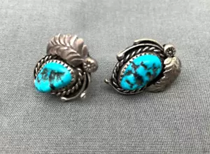 Vintage Navajo Turquoise Gem stone Sterling Silver Screw back Earrings 1” x 3/4" - Picture 1 of 5