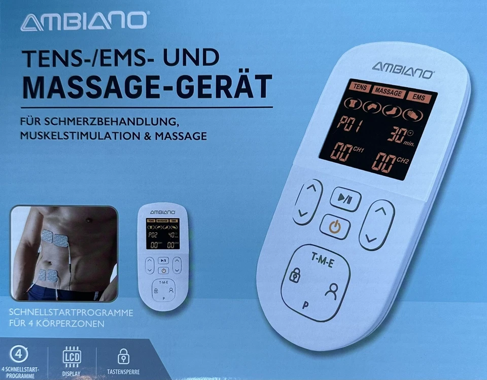AMBIANO TENS-/EMS Massage Gerät Tensgerät Muskelstimulation 60 Programme Gürtelc