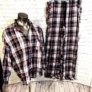 Victoria's Secret 2pc Pajama Set XL Plaid Gray White Black Button Front Pants - Picture 1 of 6