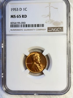 Moeda linda 1953 D Lincoln Wheat Penny classificada por NGC MS 65 RD para colecionar - Imagem 1 de 4