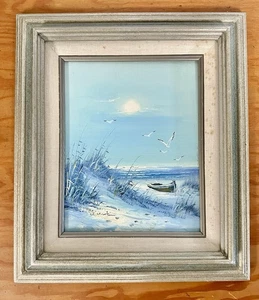 Vintage J Martin Maritim Strand Ruderboot Möwen Öl auf Leinwand Kunst Gemälde - Bild 1 von 7