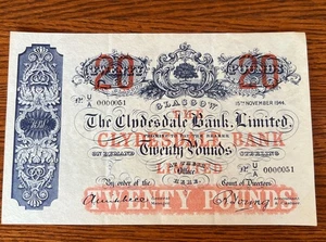 1944 The Clydesdale Bank Limited 20 Pound Bank Note Extremely Low Number 0000051 - Picture 1 of 15