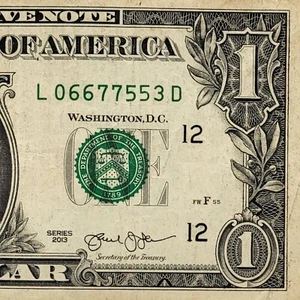 Drei aufeinanderfolgende Paare 6er 7er 5er ausgefallene Seriennummer One Dollar Schein L06677553D - Bild 1 von 8