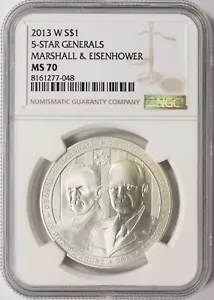 2013-W $1 5-Star Generals Marshall & Eisenhower Commem Silver Dollar NGC MS70 - Picture 1 of 4