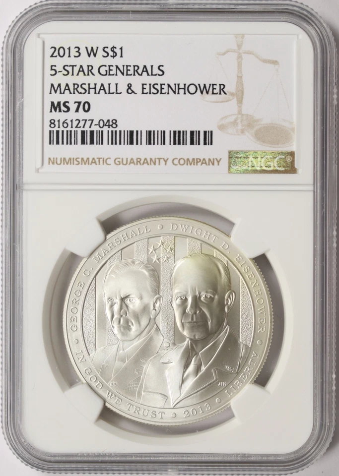 2013-W $1 5-Star Generals Marshall & Eisenhower Commem Silver Dollar NGC MS70 - Image 1 of 4