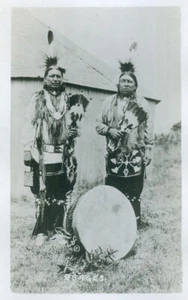 2 Osage Men full dress, Eagle Feather Fans, Drum unused RPPC AZO ca. 1918-1930 - Picture 1 of 2